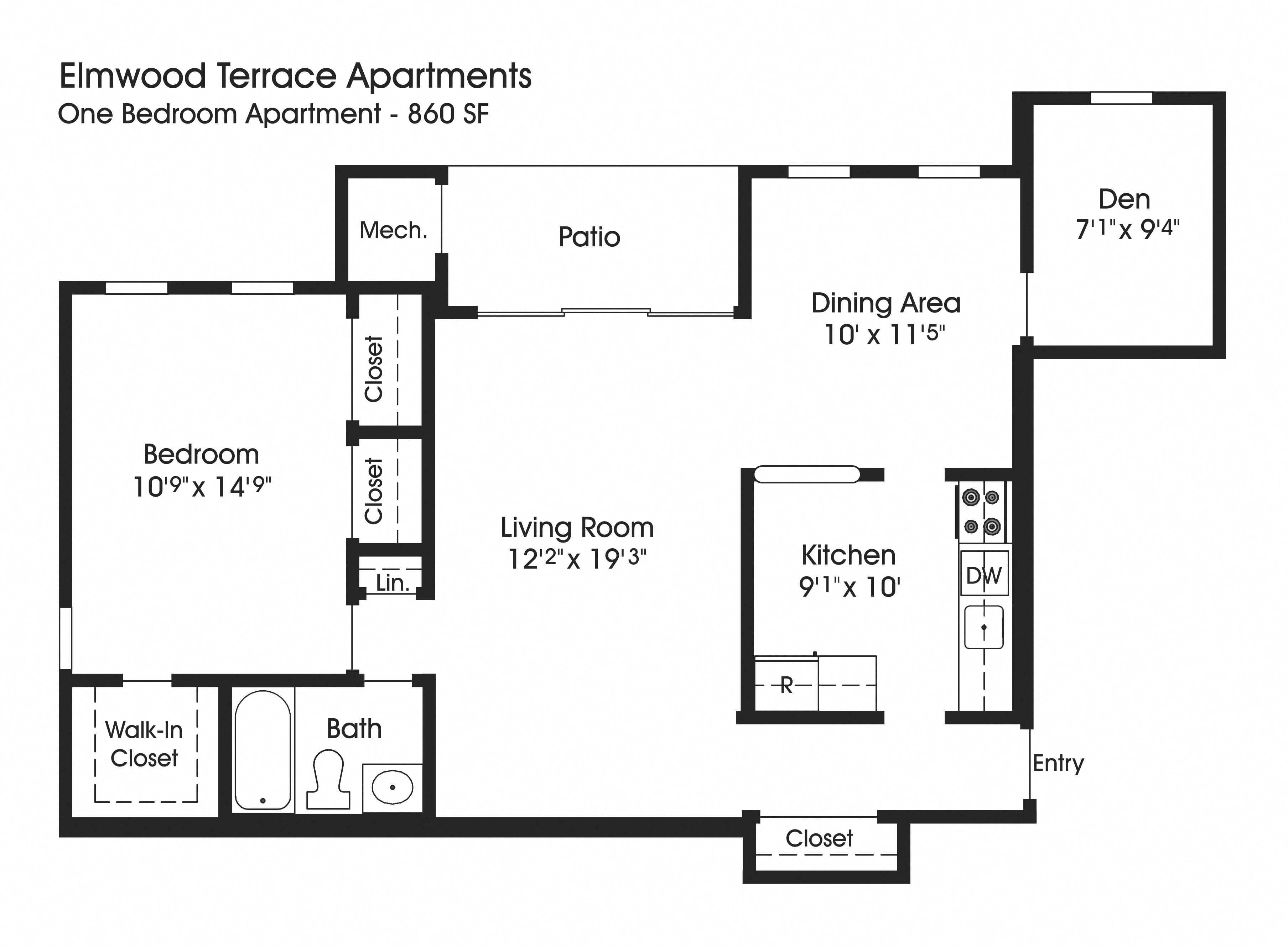 Floor plan for 1 bed, 1 bath, 860 sqft